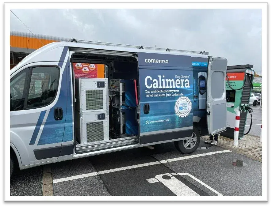 Calimera van with its mobile calibration equipment at an installed charging station