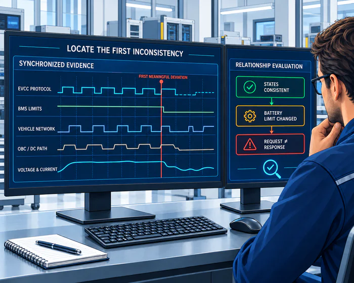 Illustrative synchronized comparison of EVCC communication, BMS limits, vehicle network, power-path response, voltage and current