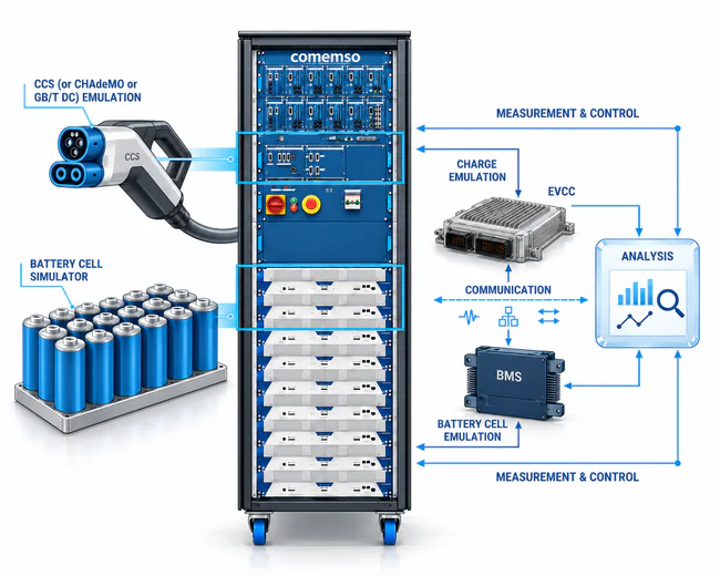 Illustration of an integrated BCS and EVCA test system with charging emulation, cell simulation, EVCC, BMS, measurement and control