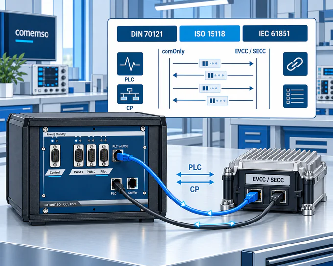 Conceptual ComOnly controller test configuration connecting a CCS Core with an EVCC or SECC through PLC and Control Pilot signals