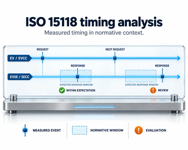 ISO 15118 timing analysis with measured events, normative timing windows and evaluation