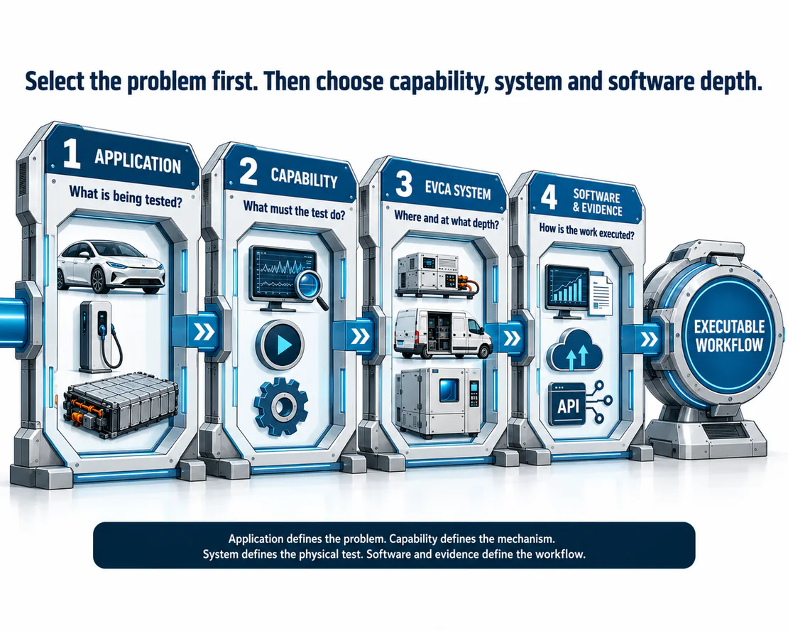 Selection model from application through capability and EVCA system to software and evidence