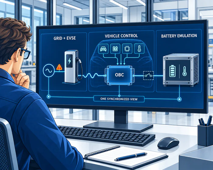 Illustration of an AC onboard charger test: grid and EVSE conditions, vehicle control, OBC and battery emulation in one synchronized view