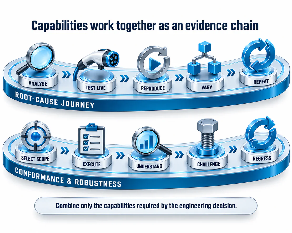 Root-cause and conformance workflows combining EVCA capabilities into evidence chains