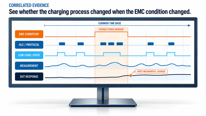 Synchronized EMC condition, protocol, signal, measurement and DUT response