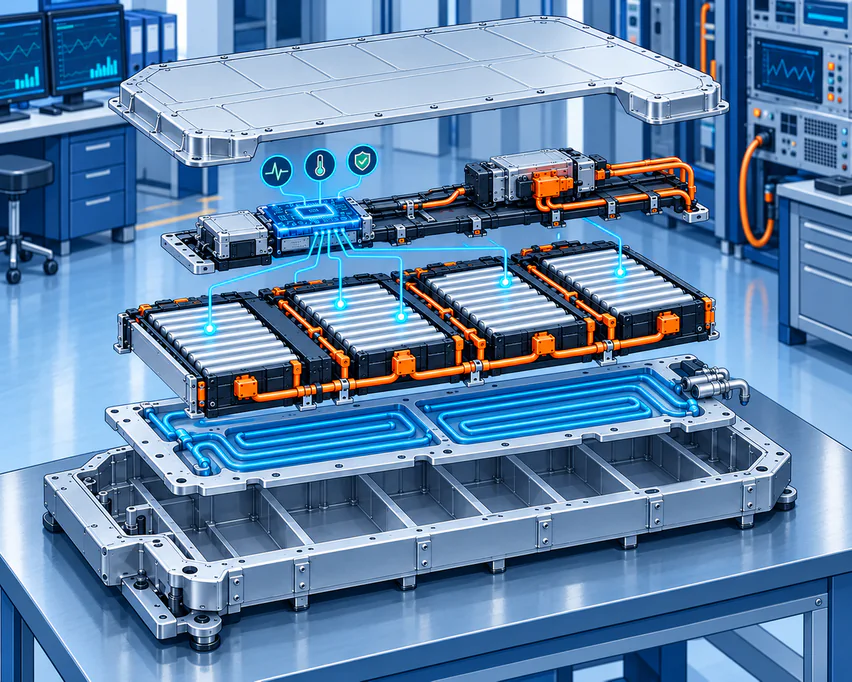 Darstellung der Schichten eines Batteriepacks: Deckel, BMS-Überwachung, Zellmodule und Kühlboden