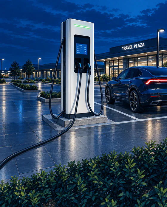 Elektrofahrzeug an einer öffentlichen Ladestation als Darstellung einer reinen Fahrzeug-Ladeprüfung