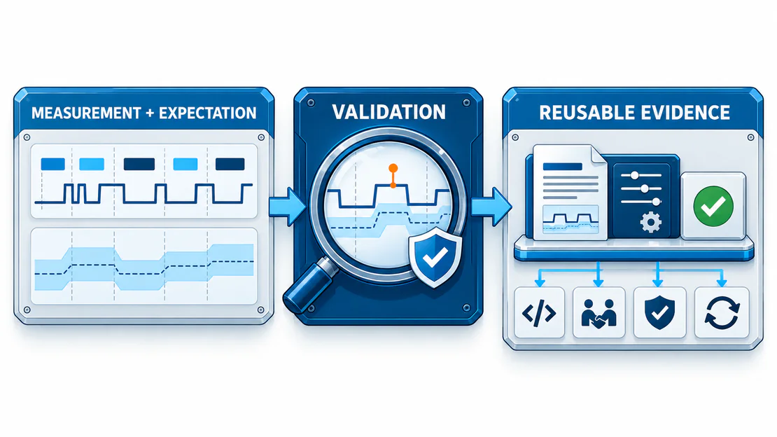 Measurement and normative expectation are validated together and packaged as reusable technical evidence