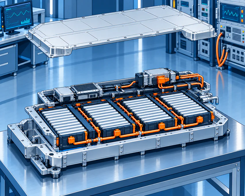 Darstellung der im Batteriegehäuse eingebauten Zellmodule und Batteriemanagementelektronik