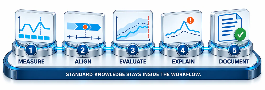 Measure, align, evaluate, explain and document: standard knowledge stays inside the evidence workflow
