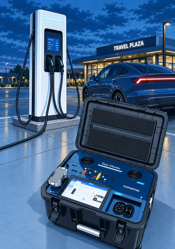 Easy Chester Ultimate neben einem Elektrofahrzeug und einer Ladestation als Darstellung kontrollierter EVSE-Prüfung vor Ort