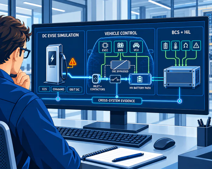 Illustration of DC charging integration testing: EVSE simulation, EVCC, BMS and VCU, the battery path bypassing the OBC, and BCS with hardware-in-the-loop signals