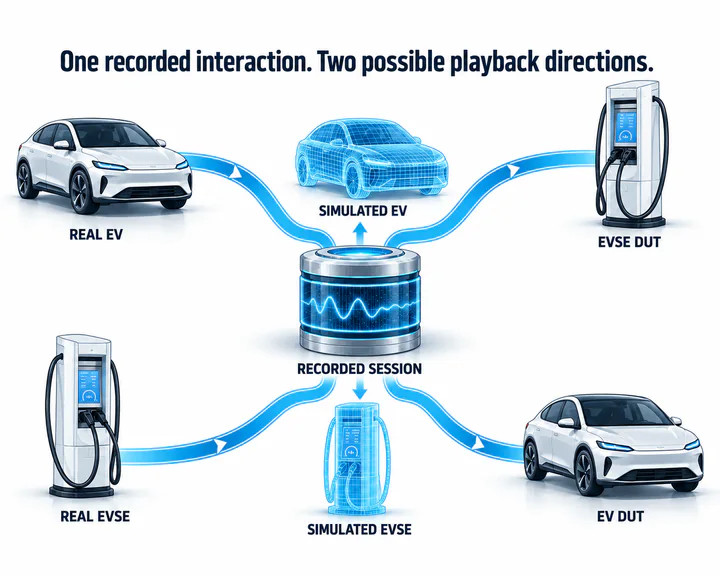 Two Charge Playback directions showing recorded EV behaviour testing an EVSE and recorded EVSE behaviour testing an EV