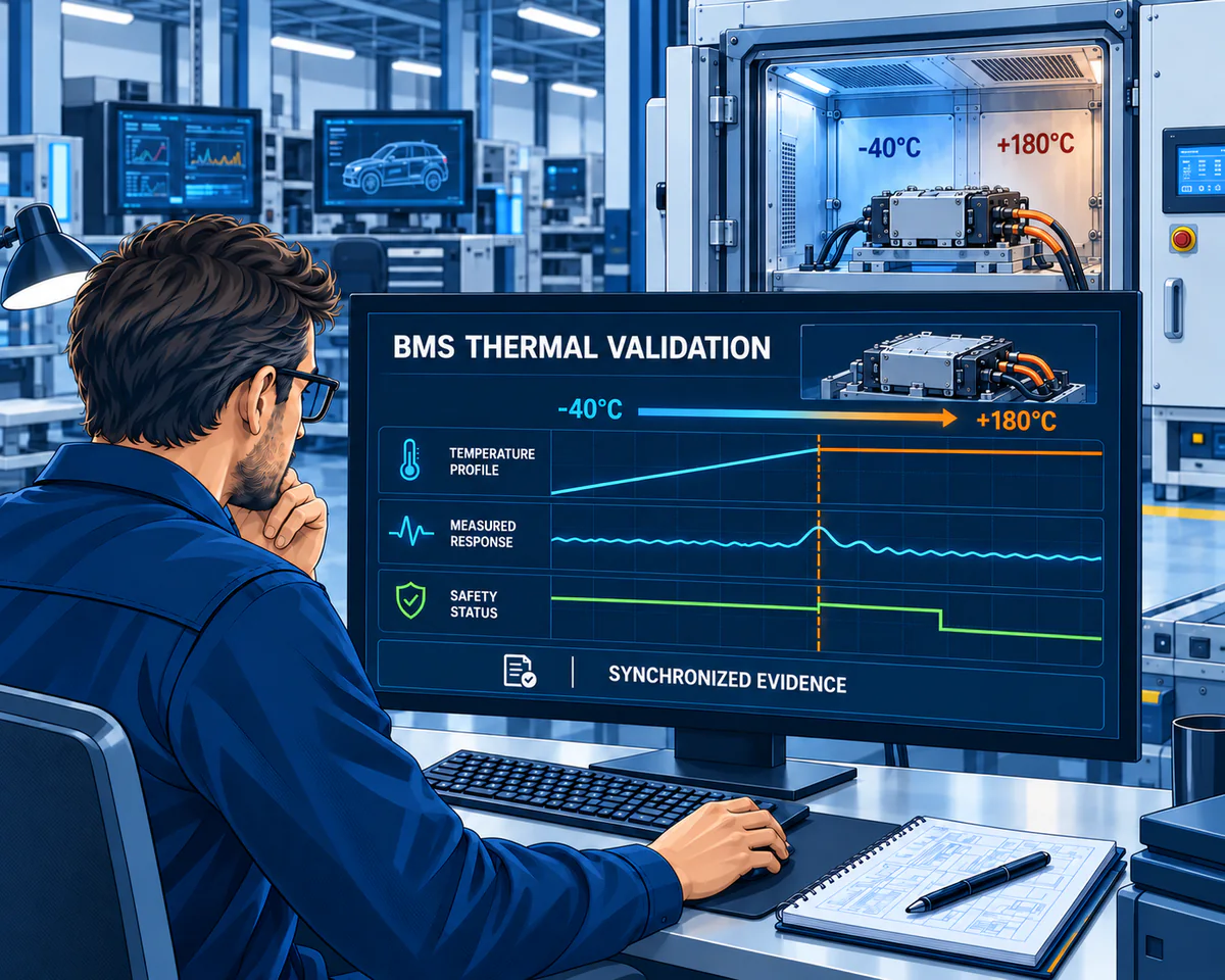 Illustration of BMS thermal validation with cell simulation and a climate chamber