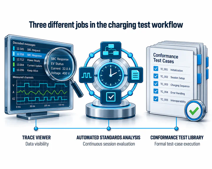 Comparison of a trace viewer, Automated Standards Analysis and a Conformance Test Library