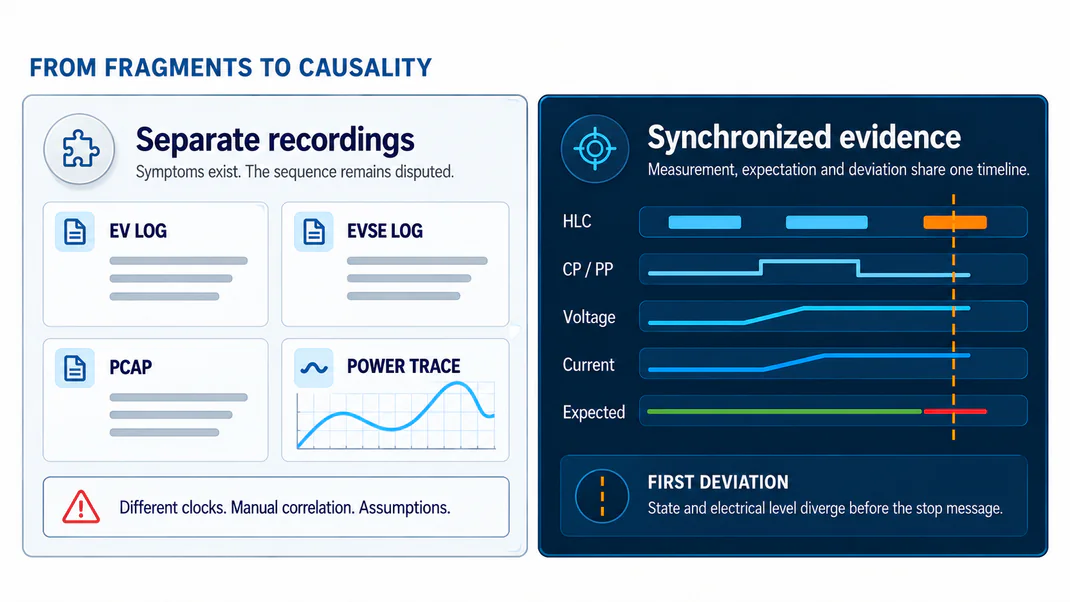 Comparison of isolated charging logs with synchronized engineering evidence