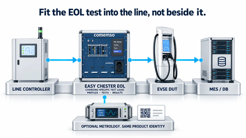 EVSE end-of-line integration between line control, Easy Chester EOL, the charging station and factory data systems
