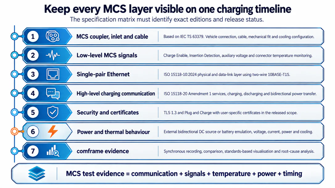 EVCA MCS stack across high-level communication, 10BASE-T1S, CE and ID, temperatures, auxiliary supply and power