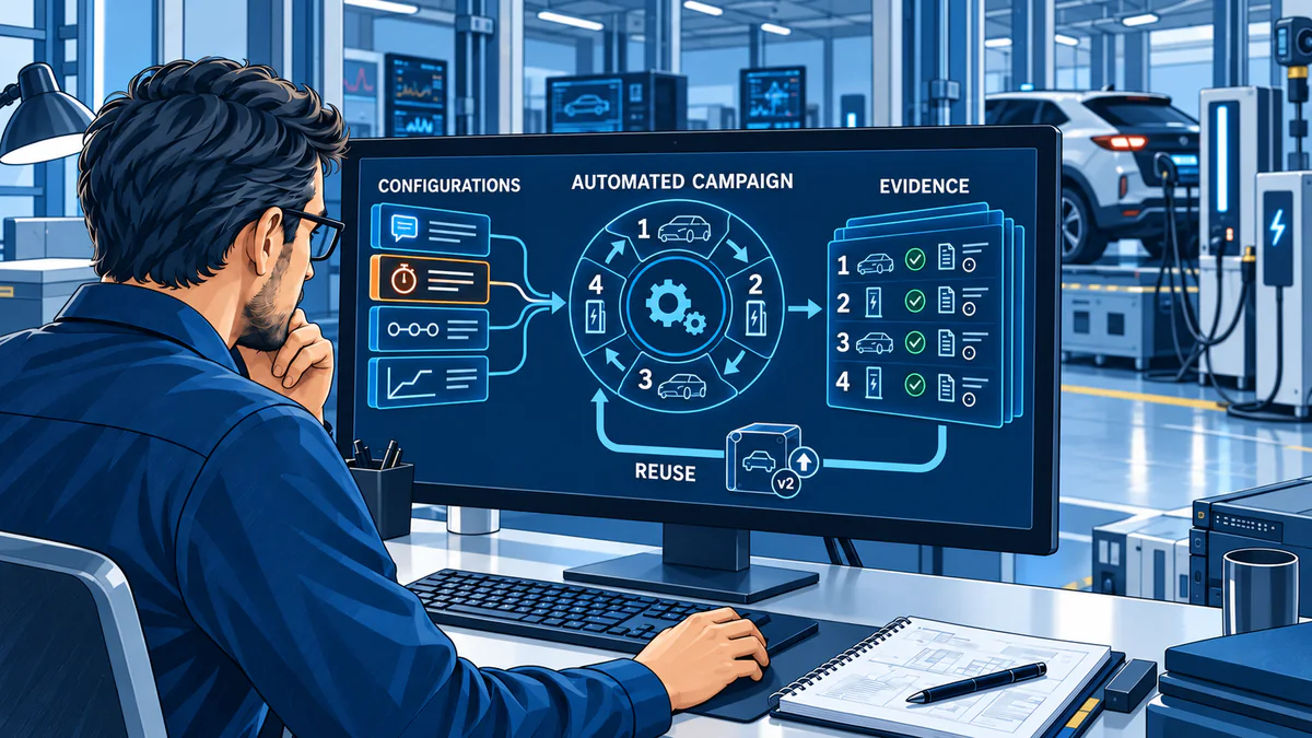 Saved EV or EVSE charging configurations form an automated campaign with versioned, reusable evidence for the selected DUT role