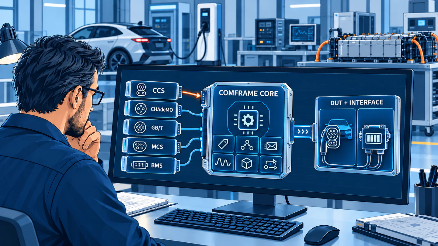 Der comframe-Kern verbindet wählbare Ladeprotokollmodule und das BMS-Fachmodul mit der konfigurierten Prüflingsschnittstelle