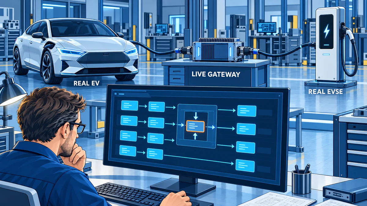 A live gateway changes selected supported communication between a real EV and a real EVSE for controlled interoperability debugging
