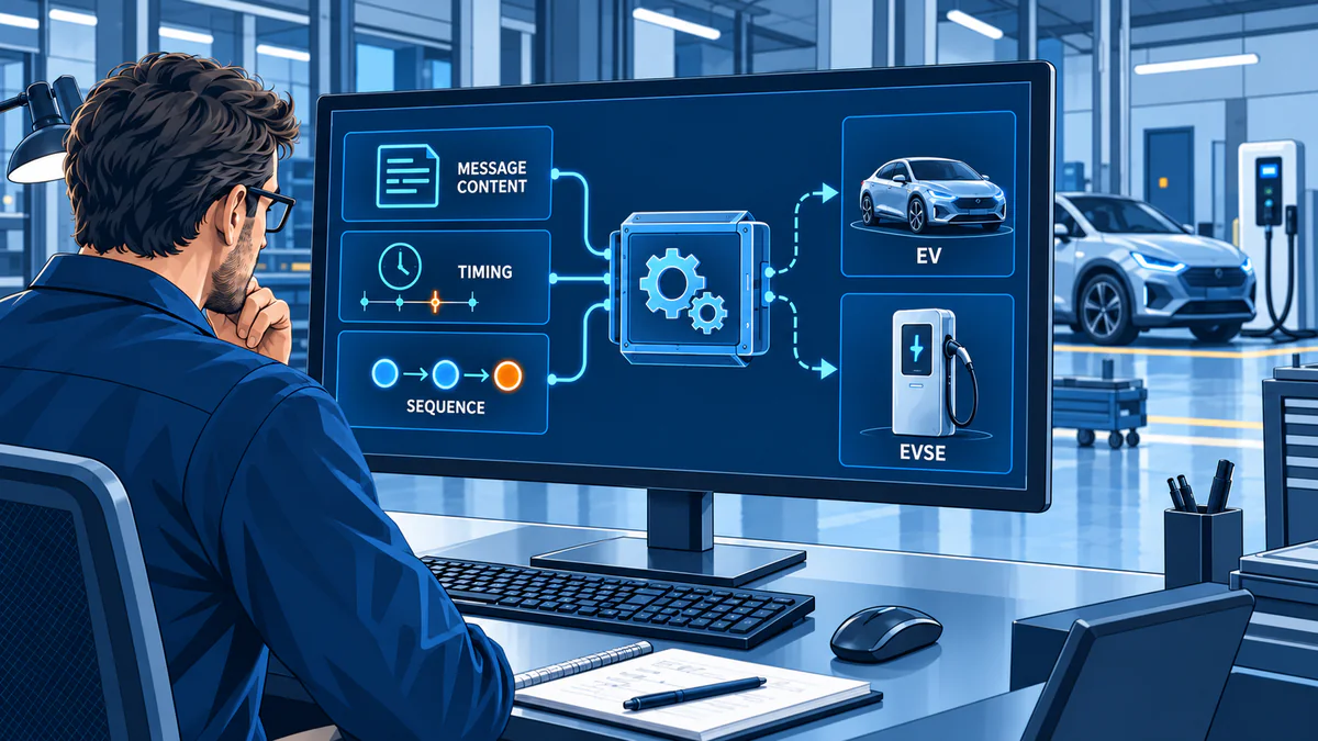 Professional Simulation konfiguriert unterstützte Nachrichteninhalte, Zeitvorgaben und Sequenzen für eine gewählte Fahrzeug- oder Ladestationsprüfrolle