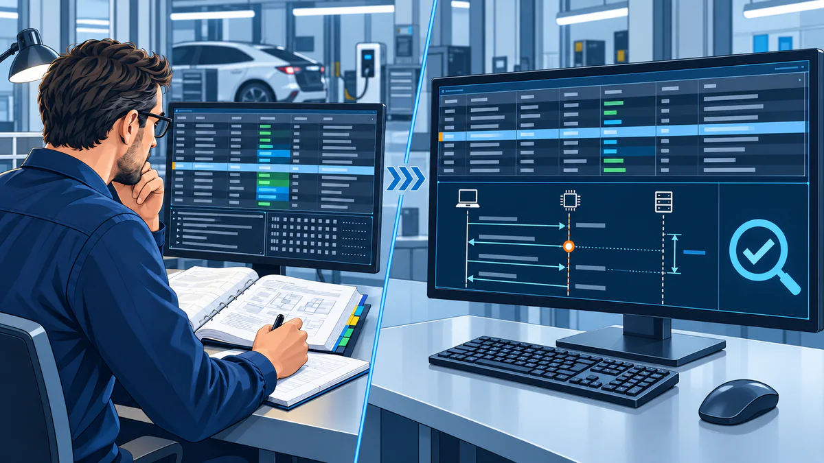 Engineer reviewing a software-highlighted deviation against measured charging behaviour and normative context