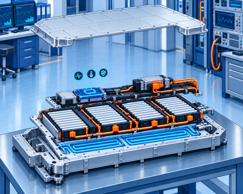 Darstellung der im Batteriegehäuse eingebauten Zellmodule und Batteriemanagementelektronik