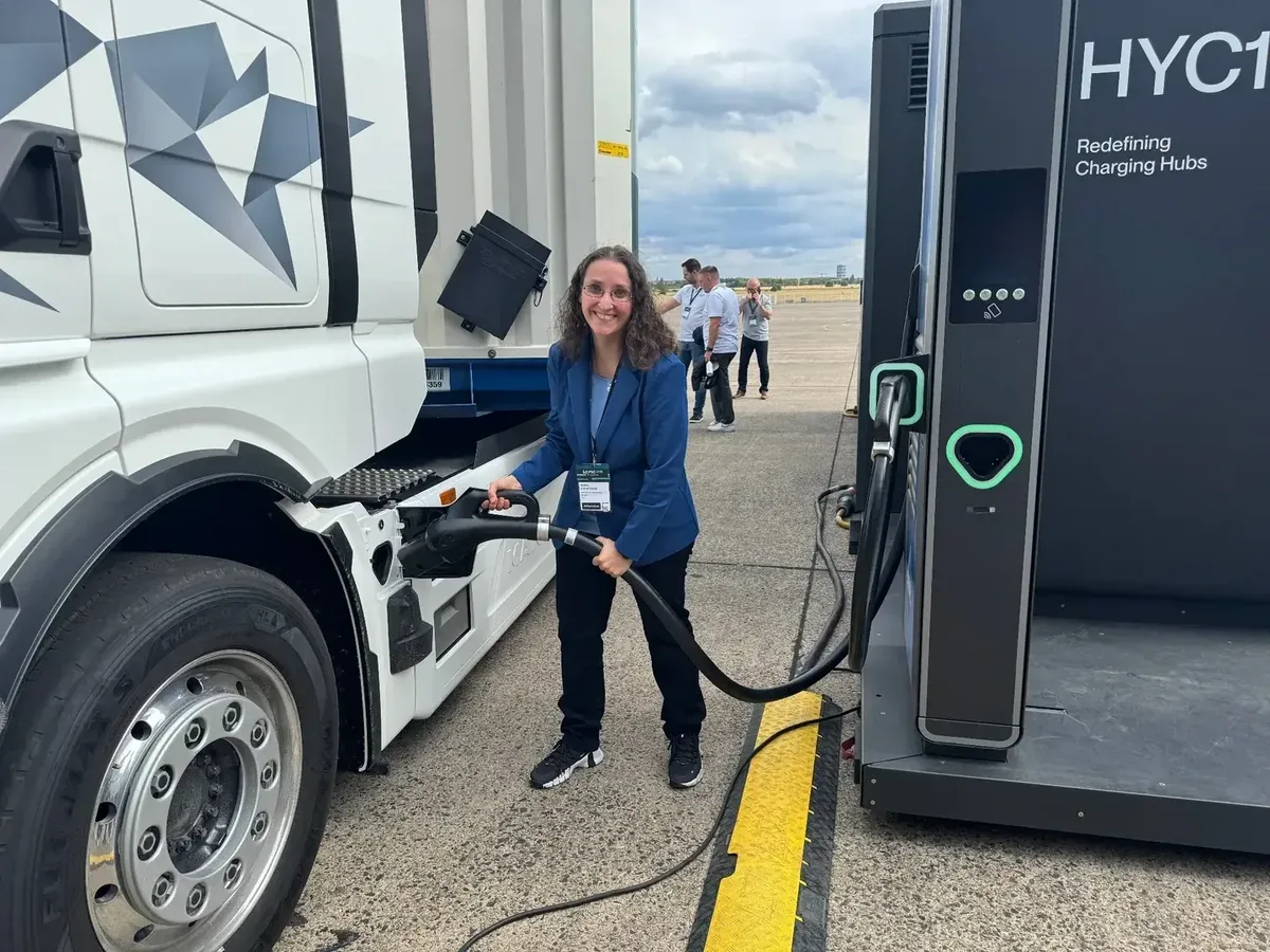 comemso co-founder Anita Athanasas during megawatt charging of an electric truck