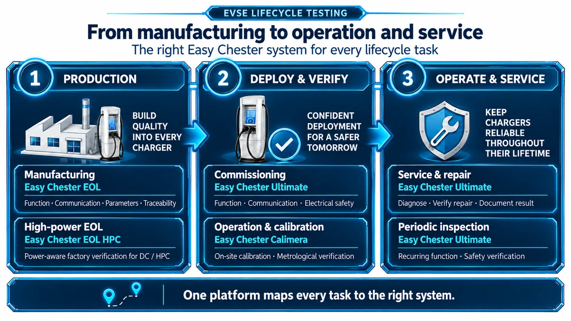 Easy Chester lifecycle from EVSE manufacturing and high-power end-of-line testing to commissioning, calibration, service and periodic inspection