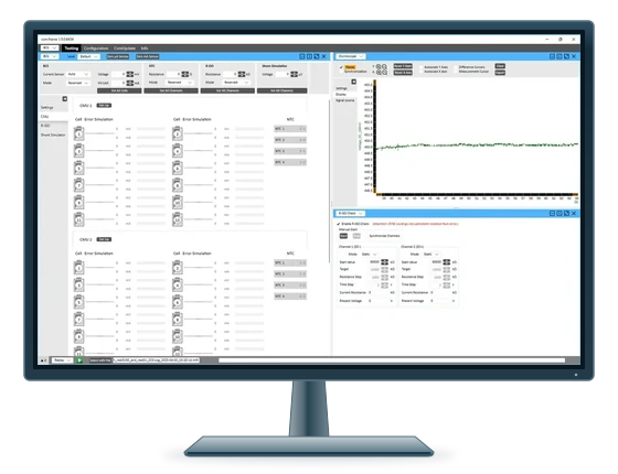 comframe-BCS-Arbeitsbereich mit Zell-, Isolations- und synchronisierten Messsteuerungen