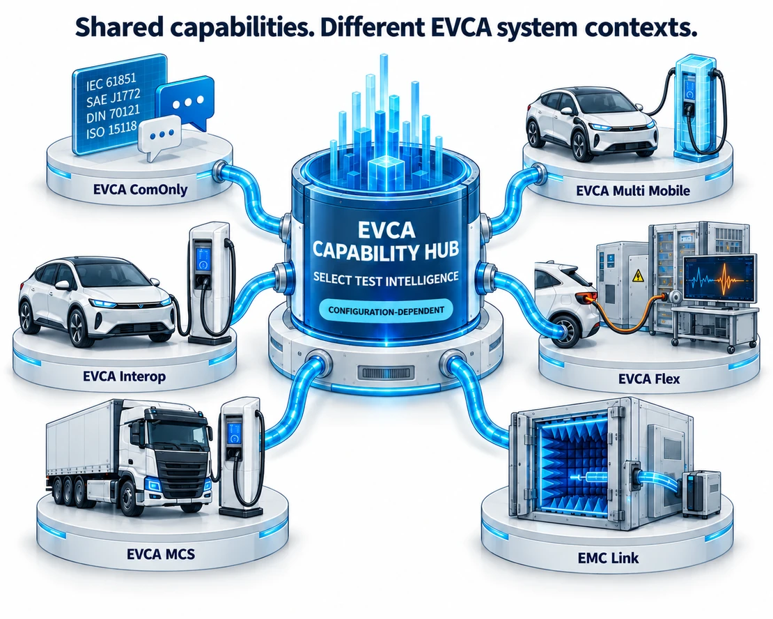 EVCA systems connected to the shared capability hub with configuration-dependent support