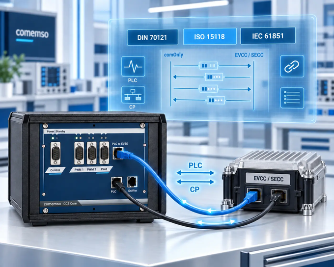 Conceptual ComOnly controller test configuration connecting a CCS Core with an EVCC or SECC through PLC and Control Pilot signals