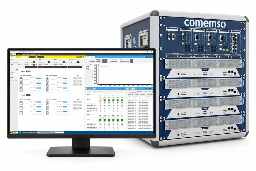 Battery Cell Simulator-Rack, bedient über den BMS-Prüfarbeitsbereich von comemso comframe
