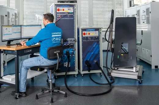 DC charging station connected to an EVCA Flex laboratory setup for EVSE testing