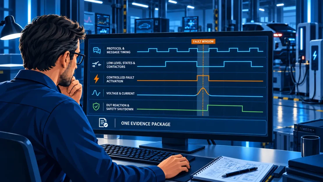 EVCA Flex evidence chain linking protocol, low-level signals, power, fault activation and DUT reaction