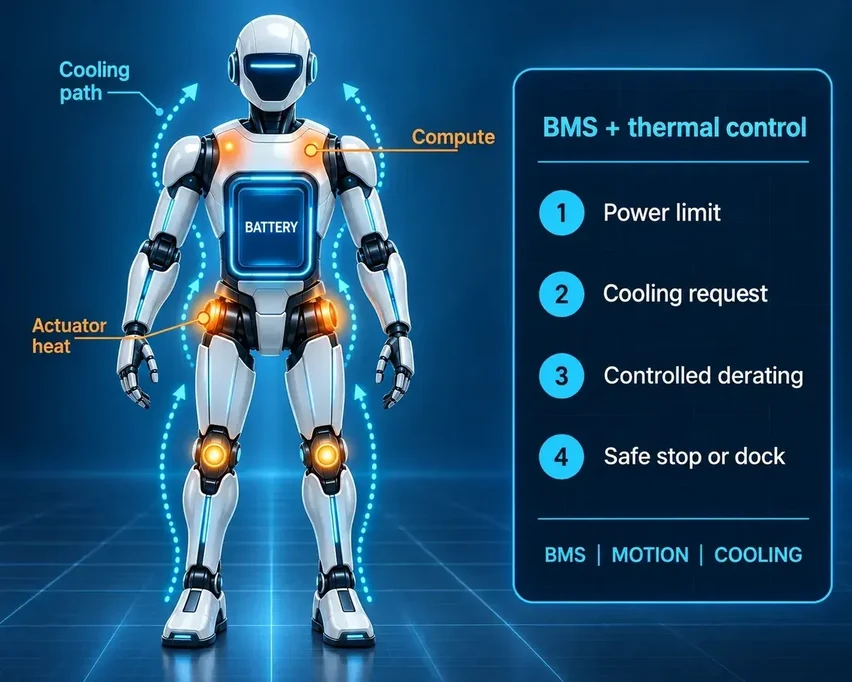 Illustration of a robot with BMS and thermal-control decisions: power limit, cooling request, controlled derating and safe stop or docking