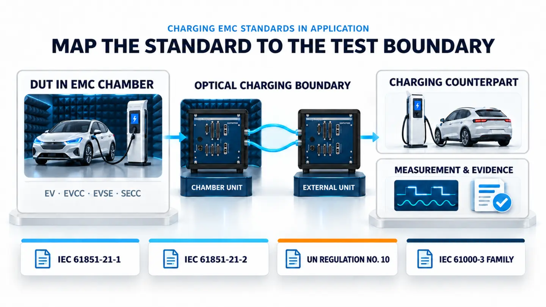 Diagramm zur Zuordnung von EMV-Normen beim Laden zu Prüfling, Kammergrenze und Ladegegenpart