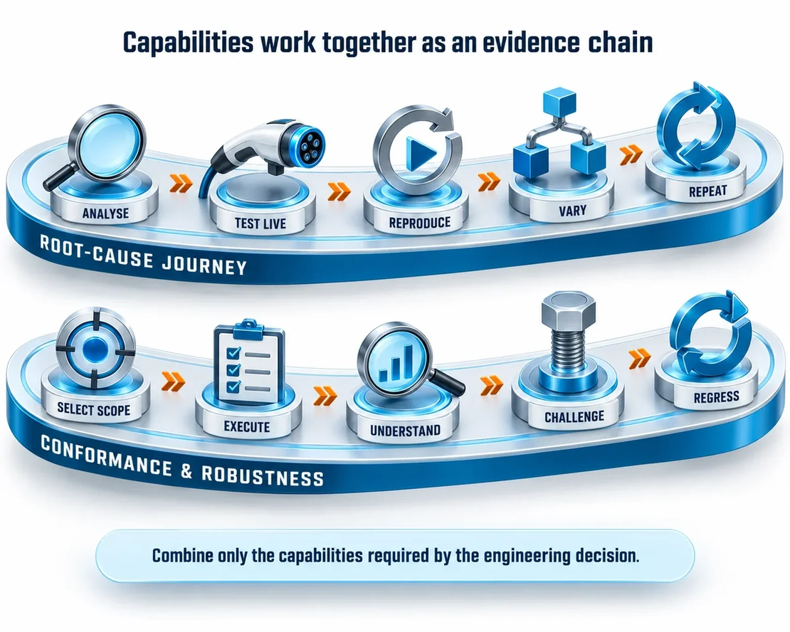 Root-cause and conformance workflows combining EVCA capabilities into evidence chains