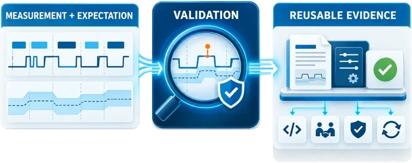 Reusable evidence package containing measurement, expectation, validation and decision