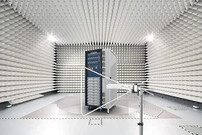 Rackbasierter comemso Battery Cell Simulator in einer EMV-Kammer.