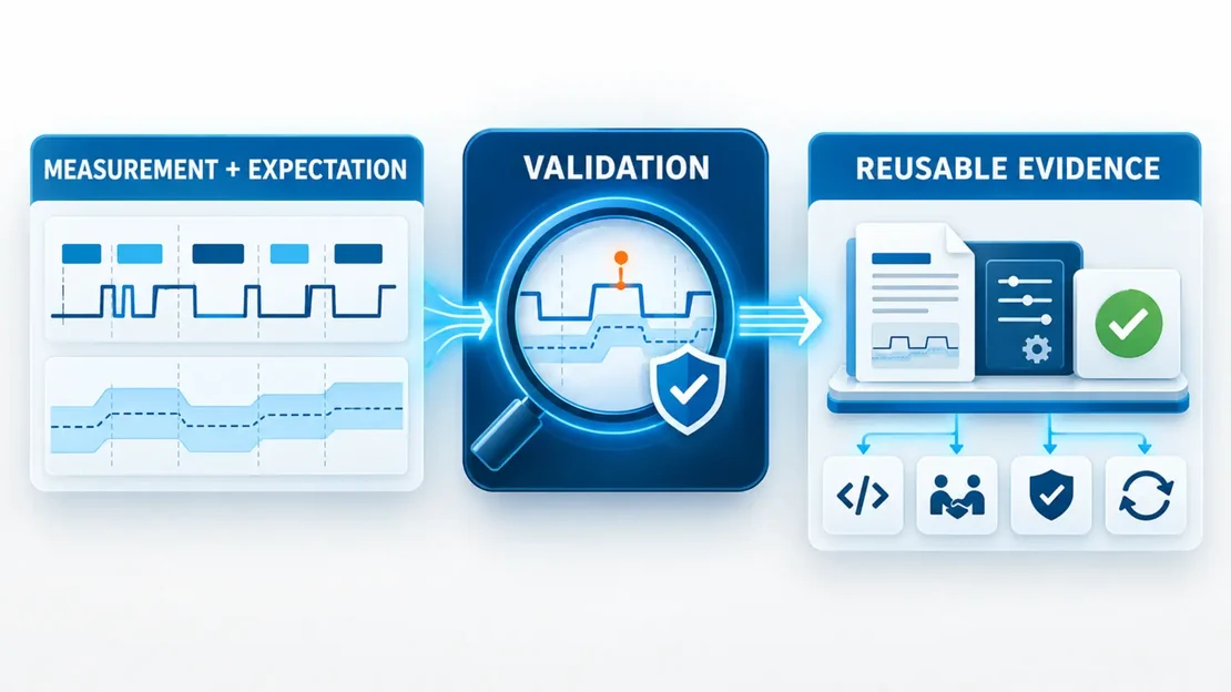 Measurement and normative expectation are validated together and packaged as reusable technical evidence