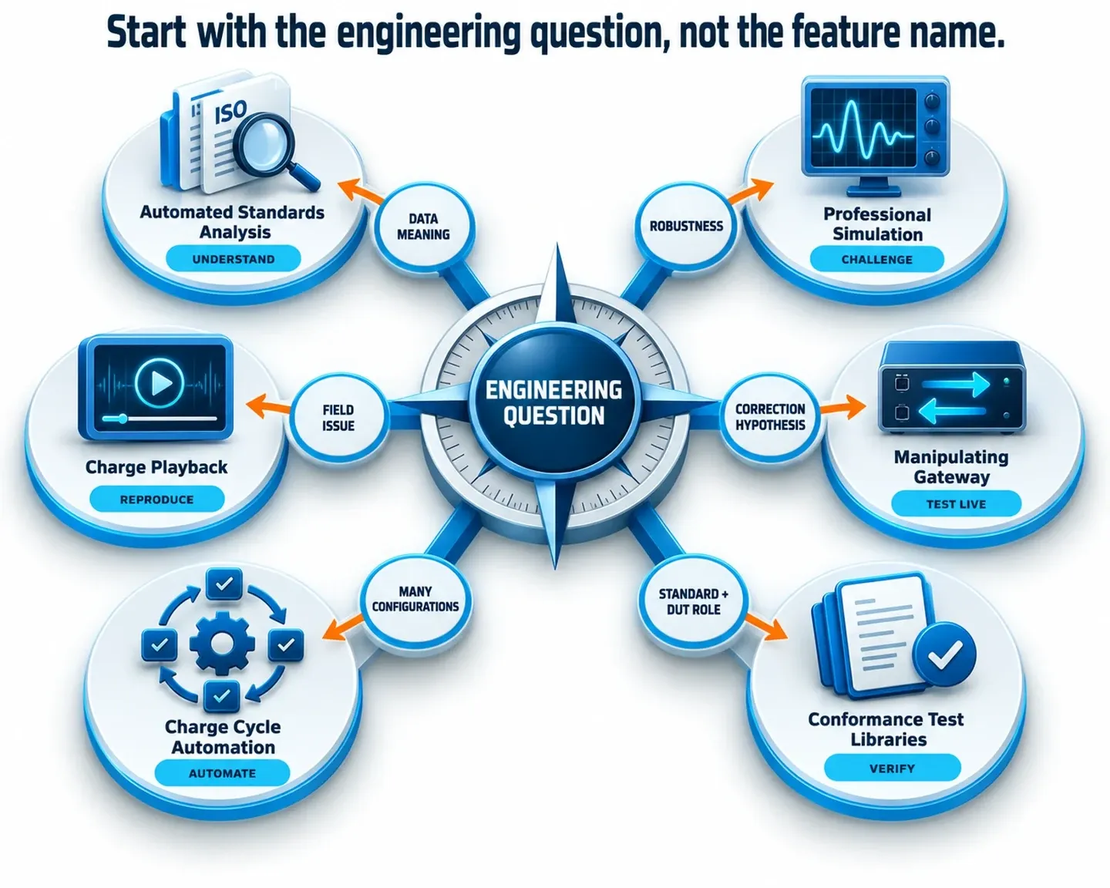 Decision map from six EV charging engineering questions to the relevant EVCA capabilities