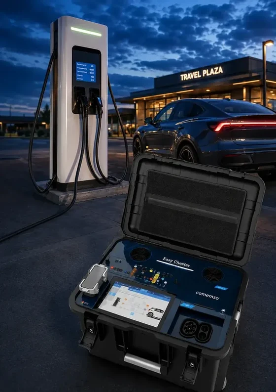 Easy Chester Ultimate neben einem Elektrofahrzeug und einer Ladestation als Darstellung kontrollierter EVSE-Prüfung vor Ort