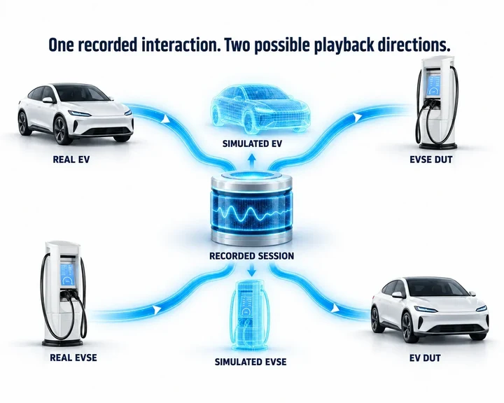 Two Charge Playback directions showing recorded EV behaviour testing an EVSE and recorded EVSE behaviour testing an EV