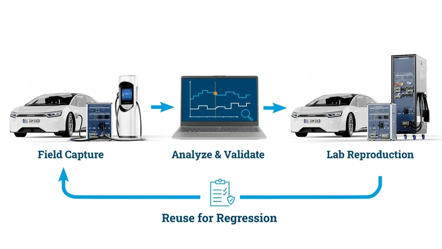 Field capture, analysis and validation, laboratory reproduction, and reuse of charging tests for regression
