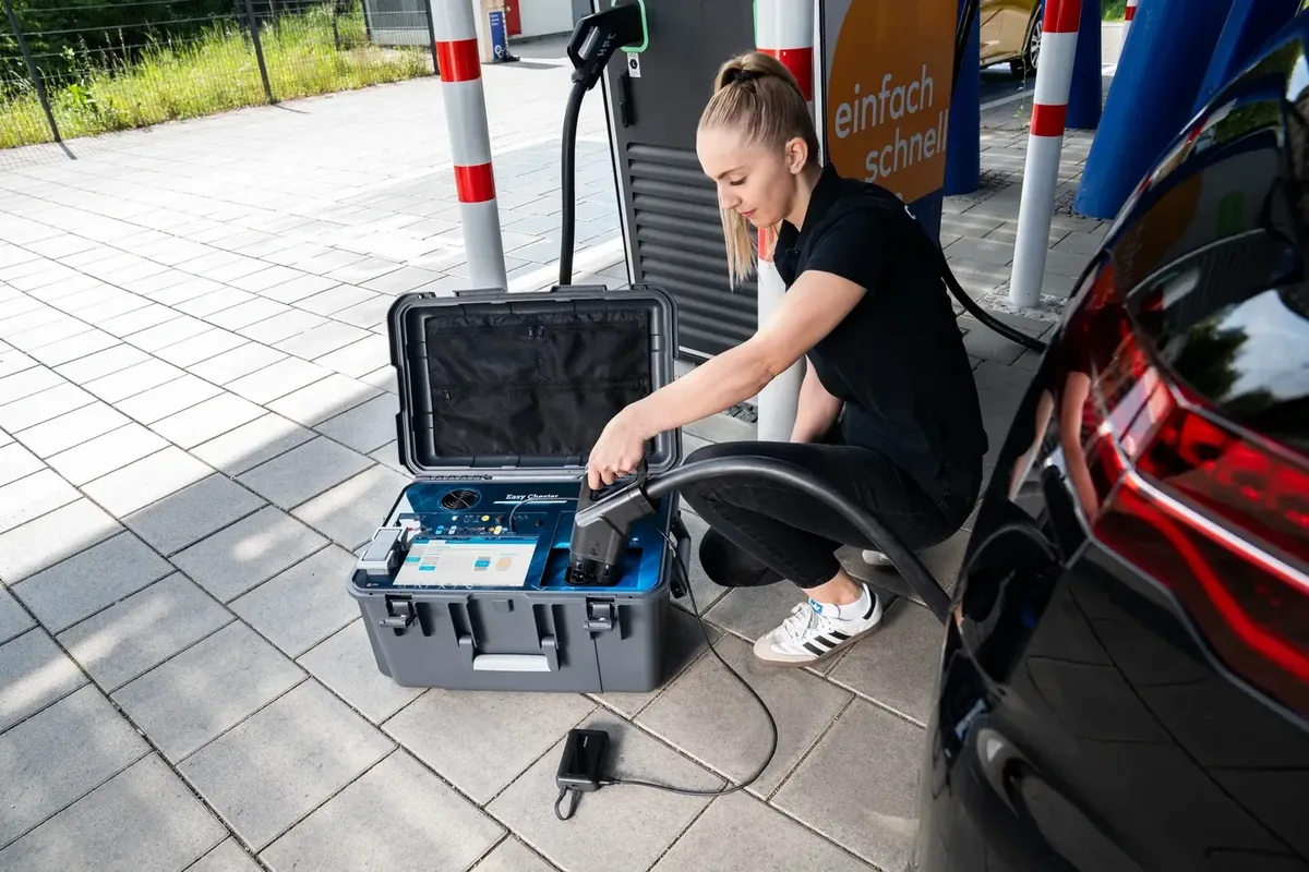 Technician preparing Easy Chester Ultimate for an EVSE field test