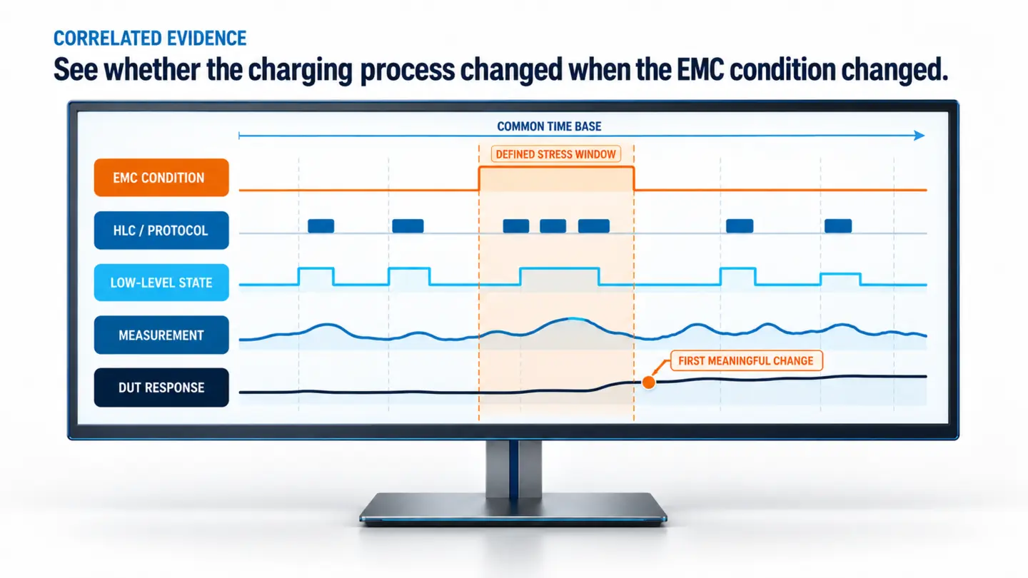 Synchronized EMC condition, protocol, signal, measurement and DUT response