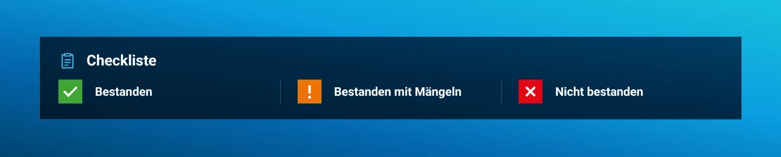 Illustration eines Klemmbretts mit möglichen Prüfergebnissen.