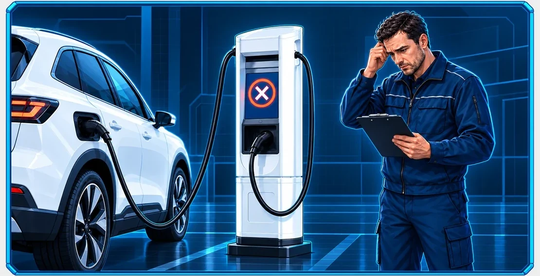 Illustration of a technician investigating a failed charging session between a vehicle and charging station